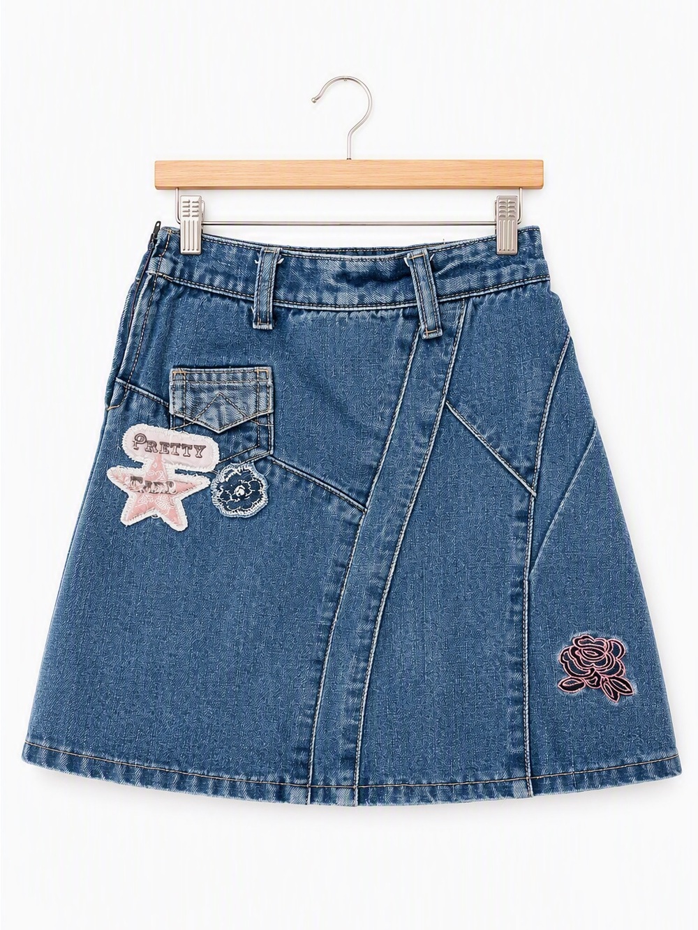 Vintage Y2K Girl’s Ungava Patchwork Denim Mini Skirt Embroidered Patches 6X